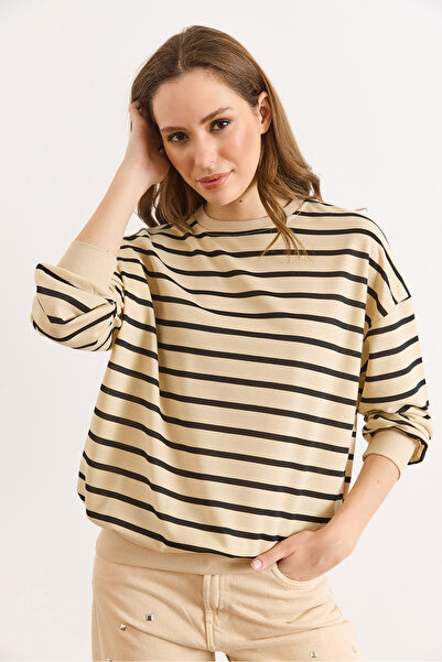 Olalook Women's Stone Black Striped Thin Sweatshirt Swt-19000761