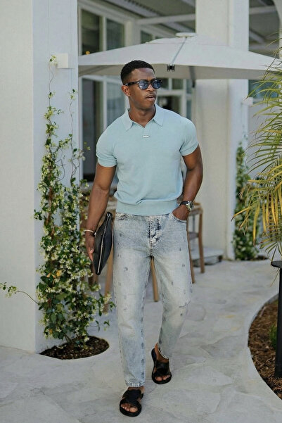 MADZEYMODA Men's Boyfriend Fit Snow Wash Denim Ripped Detail Jean Denim Pants Bf-499