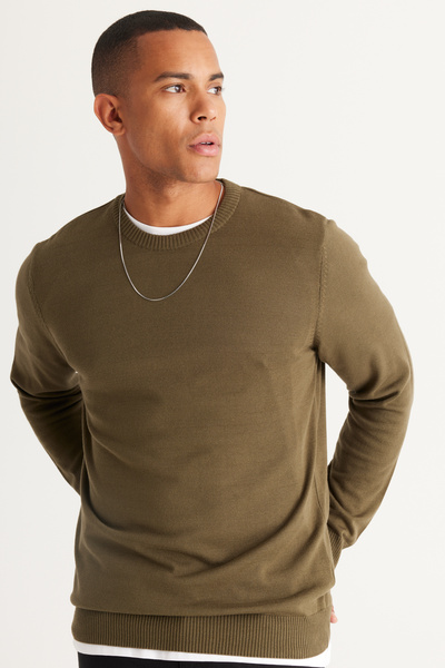 ALTINYILDIZ CLASSICS Πουλόβερ από βαμβακερό πλεκτό χακί Standard Fit Normal Cut με λαιμόκοψη