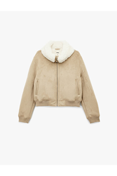 Koton Bonded Coat with Suede Look, Long Sleeves, Pockets, Plush Lining Inside