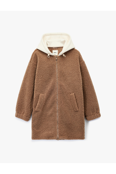 Koton Long Sleeve Zippered Hooded Oversized Plush Coat