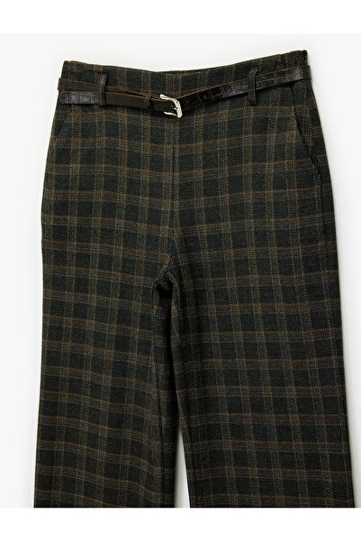 Koton X Melis Ağazat - Belt Detailed Plaid with Pockets Palazzo Pants