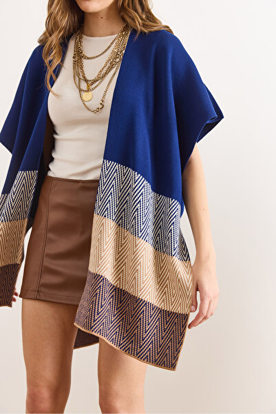 Olalook Women's Navy Blue Zigzag Pattern Poncho Cardigan HRK-19000422