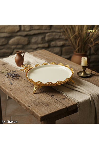 Hinora Flower Model Gold Color Porcelain Plate Stand with Stand 30X26X11Cm Large Size