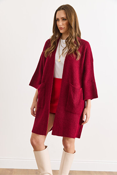 Olalook Women's Burgundy Soft Textured Pocketed Knit Cardigan Hrk-19000424