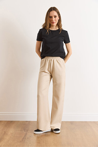 Olalook Women's Stone Waistband Pocketed Wool Effect Wide Leg Winter Trousers Pnt-19000383