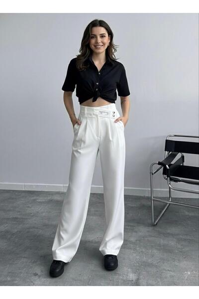 HA-KA GİYİM Women's Imported Doubleface Palazzo Pants with Belt Detail, Pleated, High-Quality Product, Does Not Fade