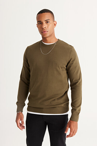 ALTINYILDIZ CLASSICS Πουλόβερ από βαμβακερό πλεκτό χακί Standard Fit Normal Cut με λαιμόκοψη