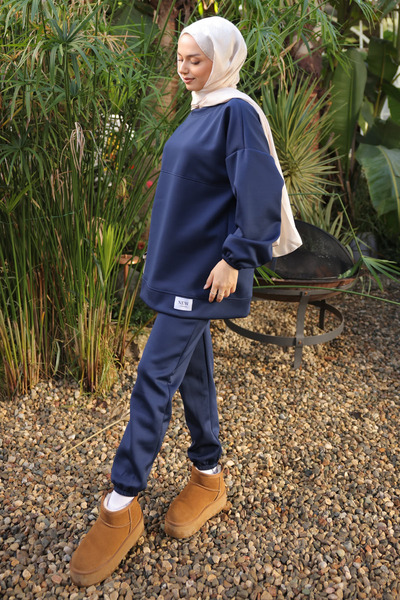 İmajButik Navy Blue Embroidered Tunic Trouser Set