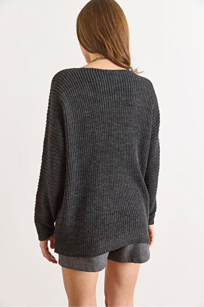 Olalook Γυναικείο πλεκτό τούνικ ανθρακί με λαιμόκοψη σε σχήμα V oversized TNK-19000081