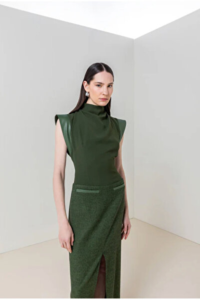 KAMEYA High Collar Draped Green Dress