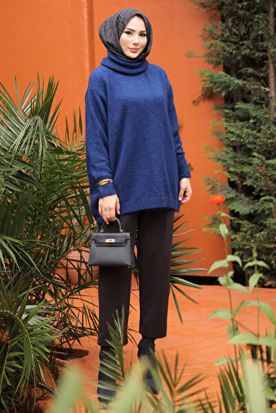 İmajButik Πλεκτό πουλόβερ με ζιβάγκο σε μπλε ναυτικό χρώμα