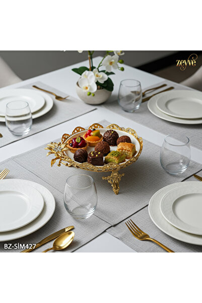 Hinora Flower Model Gold Color Porcelain Plate Stand with Stand 26X22X11Cm Small Size