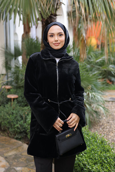 İmajButik Black Drawstring Flato Plush Coat with Pockets and Zipper