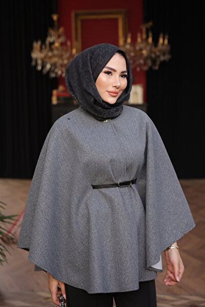 İmajButik Anthracite Belted Stamp Poncho