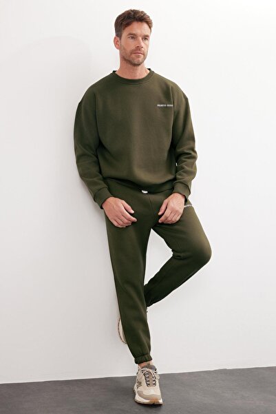 Tudors Ανδρικό σετ αθλητικής φόρμας Relax Fit από βαμβακερό 3 νήματα με μαλακή υφή με φλις εσωτερικά και λαιμόκοψη χακί