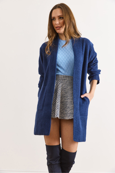 Olalook Women's Navy Blue Pocket Detail Collar Detailed Soft Textured Knitwear Cardigan Hrk-19000322