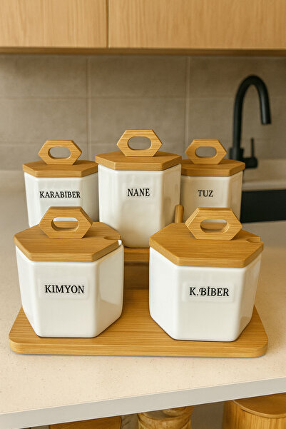 CEZVE HOME 5-Piece Spice Set with Bamboo Stand and Porcelain Spoons