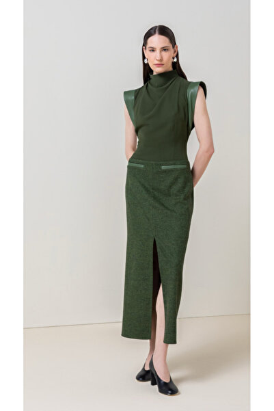 KAMEYA High Collar Draped Green Dress