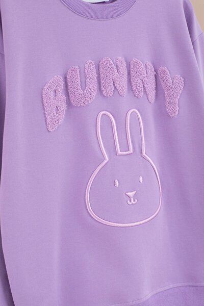 Cansın Mini Σετ αθλητικής φόρμας για κορίτσια με κέντημα λιλά κουνέλι με λαιμόκοψη 23392