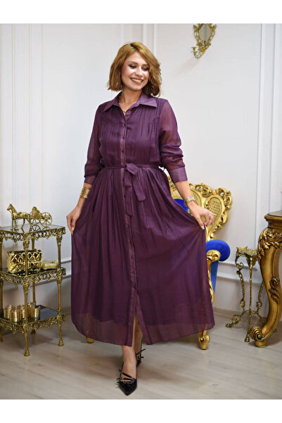 butikbanum Mürdüm Renk Önden Düğmeli Kemer Detaylı İtalyan Stili İpek Gömlek Elbise
