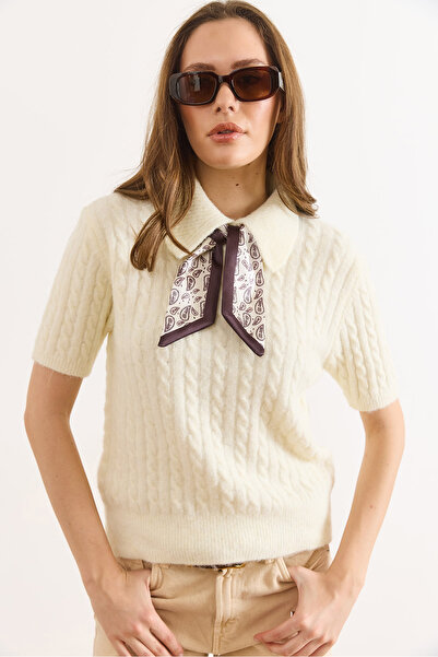 Olalook Women's Ecru Peter Pan collar Scarf Detailed Hair Knitwear Sweater Kzk-19001089