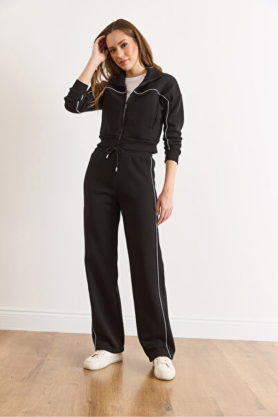 Olalook Γυναικεία Μαύρη Φόρμα διακοσμητικό ρέλι επένδυση fleece ETKM-0000091