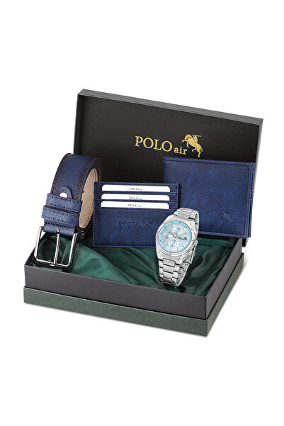 Polo Air Erkek Kol Saati Kemer Cüzdan Kartlık Hediyelik Kutusunda Gümüş Mavi ...