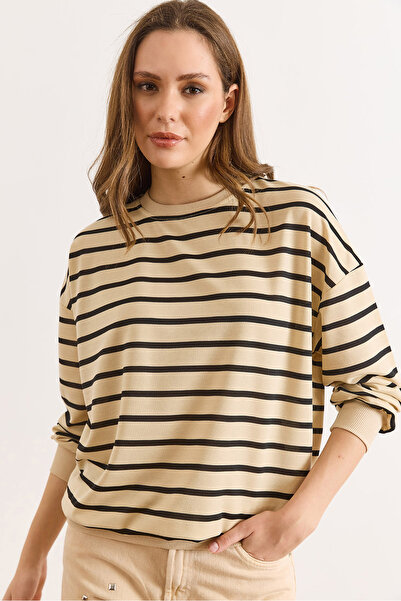 Olalook Women's Stone Black Striped Thin Sweatshirt Swt-19000761