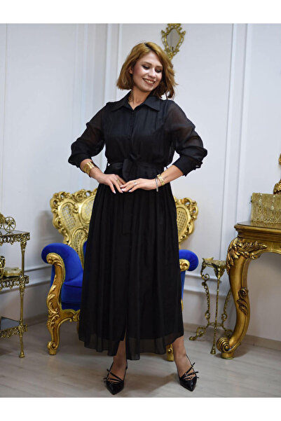 butikbanum Siyah Renk Önden Düğmeli Kemer Detaylı İtalyan Stili İpek Gömlek E...