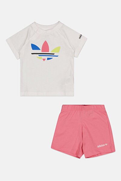 adidas Toddlers Girl 2 Piece Brand Logo Top And Short Set, White/Pink Combo
