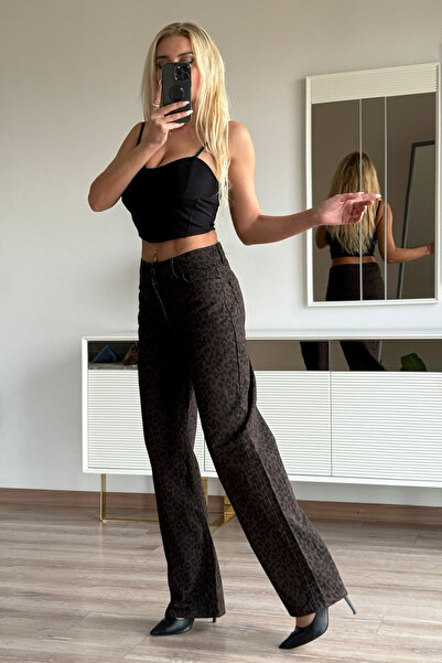 CİDDE Women's Leopard Print Jeans Denim Trousers