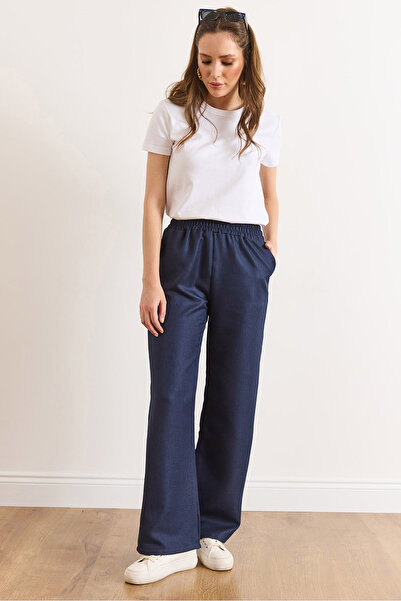 Olalook Жіночі темно-сині штани з поясом, кишенями, ефектом вовни та широкими штанинами PNT-19000383