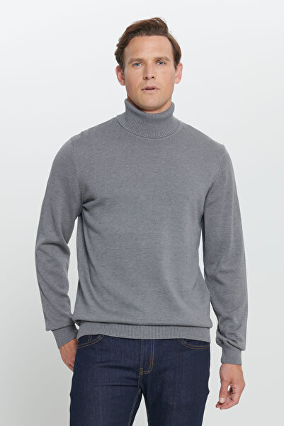 ALTINYILDIZ CLASSICS Gray Melange Standard Fit Regular Cut Full Turtleneck Cotton Knit Sweater