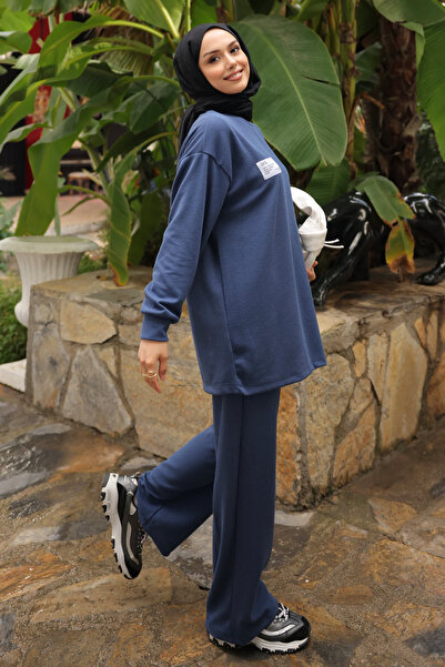 İmajButik Indigo Embroidered Tunic and Pants Set