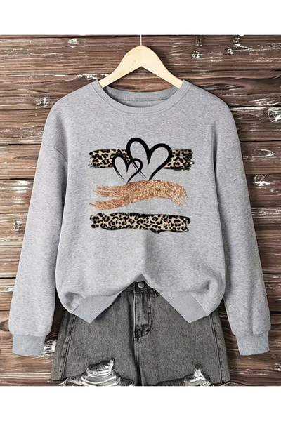 herkesemoda Leopard Print Detailed Crew Neck Sweatshirt