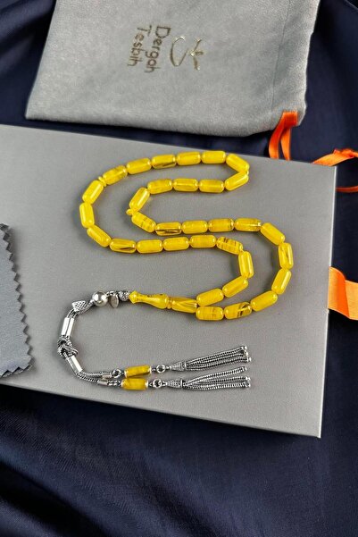 dergah tesbih سبحة من سلسلة هارموني بتصميم فضي ولون أصفر ناري من العنبر