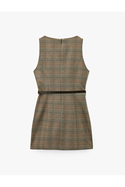 Koton Sleeveless Crew Neck Belted A-Line Mini Plaid Dress