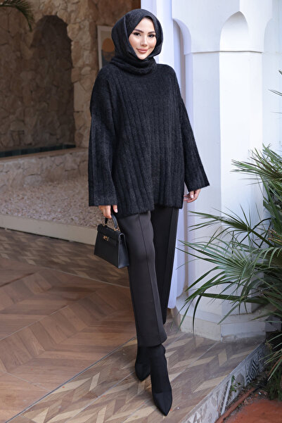 İmajButik Black Turtleneck Casual Angora Soft Knit Sweater