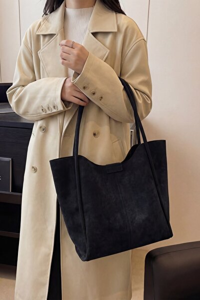 BAHELS Black Snap Fastener Suede Women's Hand and Shoulder Bag