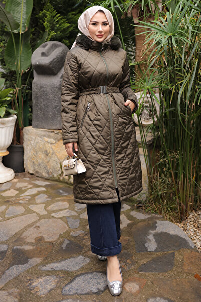 İmajButik Χακί παλτό με φερμουάρ με κουκούλα