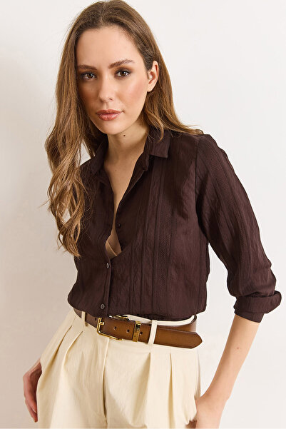 Olalook Γυναικείο πουκάμισο Bitter Brown Geometric ριγέ Flowy GML-19001335