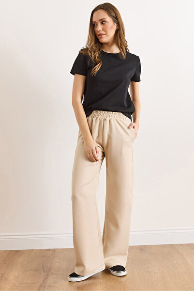 Olalook Women's Stone Waistband Pocketed Wool Effect Wide Leg Winter Trousers Pnt-19000383