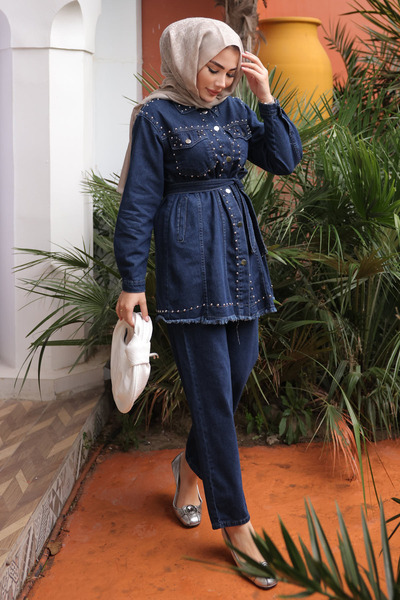 İmajButik Navy Blue Stone Embroidered Jacket and Trousers Denim Suit