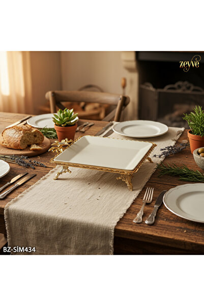 Hinora Flower Model Gold Color Porcelain Plate Standing Square Serving Dish 30X26X9Cm Large Size