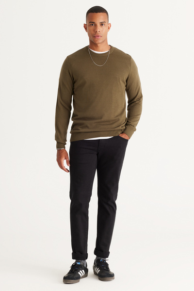 ALTINYILDIZ CLASSICS Πουλόβερ από βαμβακερό πλεκτό χακί Standard Fit Normal Cut με λαιμόκοψη