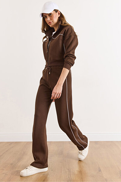 Olalook Γυναικεία Καφέ διακοσμητικό ρέλι επένδυση fleece Σετ Φόρμας ETKM-0000091