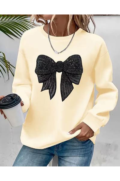 herkesemoda Black Ribbon Print Detailed Crew Neck Sweatshirt