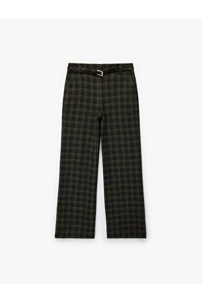 Koton X Melis Ağazat - Belt Detailed Plaid with Pockets Palazzo Pants