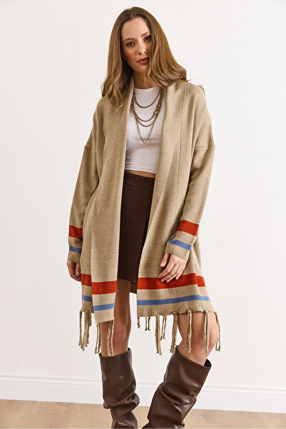 Olalook Women's Mink Fringed Slit Shawl Collar Knitwear Cardigan Hrk-19000447